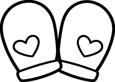 A pair of rounded mittens crossed at the cuffs, each with one heart drawn in the middle.