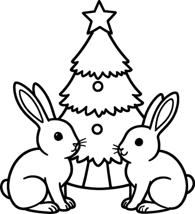 Two long-eared rabbits sit facing each other on either side of a small Christmas tree topped with a star.