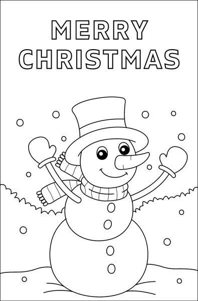 A snowman in a top hat, scarf and mittens waves beside snowy bushes under the words Merry Christmas.
