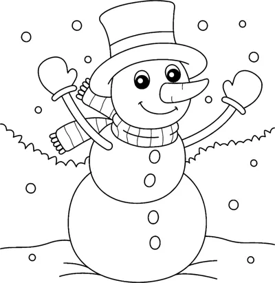 A snowman in a top hat, scarf and mittens waves beside snowy bushes under the words Merry Christmas.