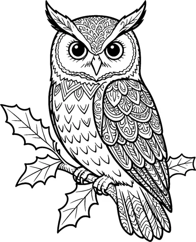 A wide-eyed owl covered in zentangle feather patterns perched on a branch surrounded by holly leaves.