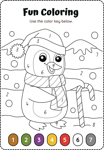 A color-by-number penguin in a Santa hat and scarf beside a candy cane, with a numbered color key below.