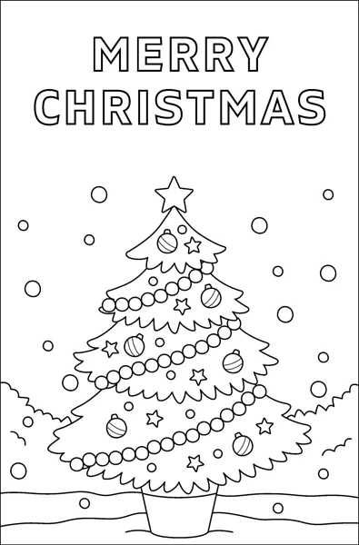 A Christmas tree with baubles, garlands and a star, under the words Merry Christmas.