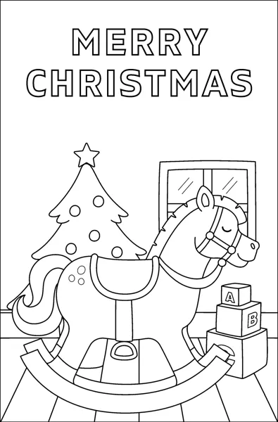 A rocking horse stands near a Christmas tree, a window and toy blocks, under the words Merry Christmas.