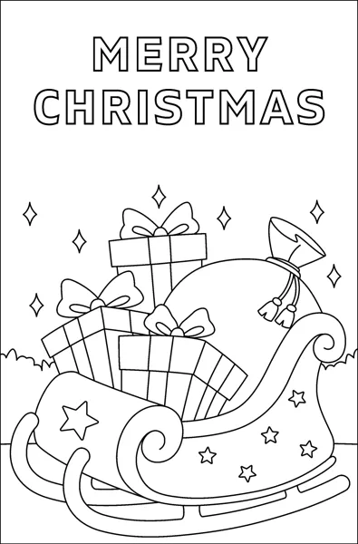 A sleigh loaded with wrapped presents and a sack sits in the snow among stars, under the words Merry Christmas.
