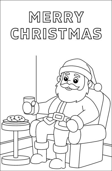 Santa sits in an armchair holding a mug, with cookies on a side table, under the words Merry Christmas.