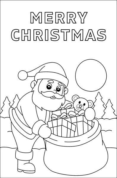 Santa kneels outdoors packing a wrapped gift and a teddy bear into a large sack under the words Merry Christmas.