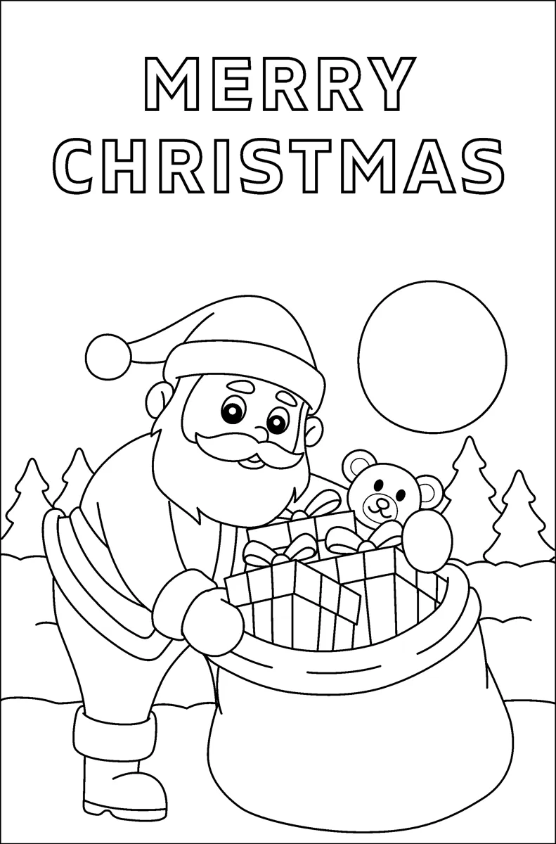 Santa kneels outdoors packing a wrapped gift and a teddy bear into a large sack under the words Merry Christmas.