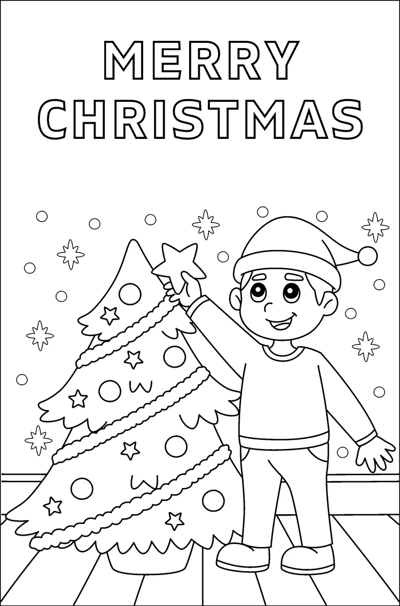 A boy in a Santa hat puts a star on a decorated Christmas tree under the words Merry Christmas.
