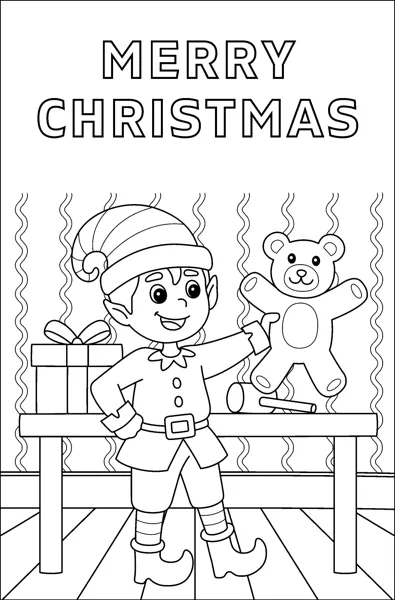 An elf in a pointed hat holds a teddy bear at a workbench with gifts, under the words Merry Christmas.