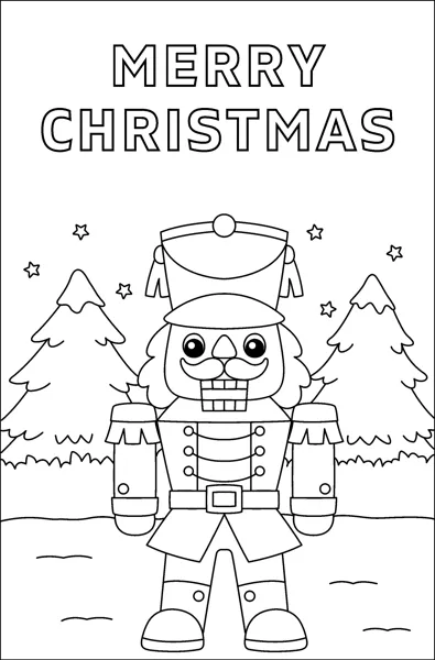 A nutcracker soldier in a tall hat and buttoned uniform stands between pine trees under the words Merry Christmas.