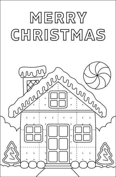 A gingerbread house with icing roof, windows, door and small trees, under the words Merry Christmas.