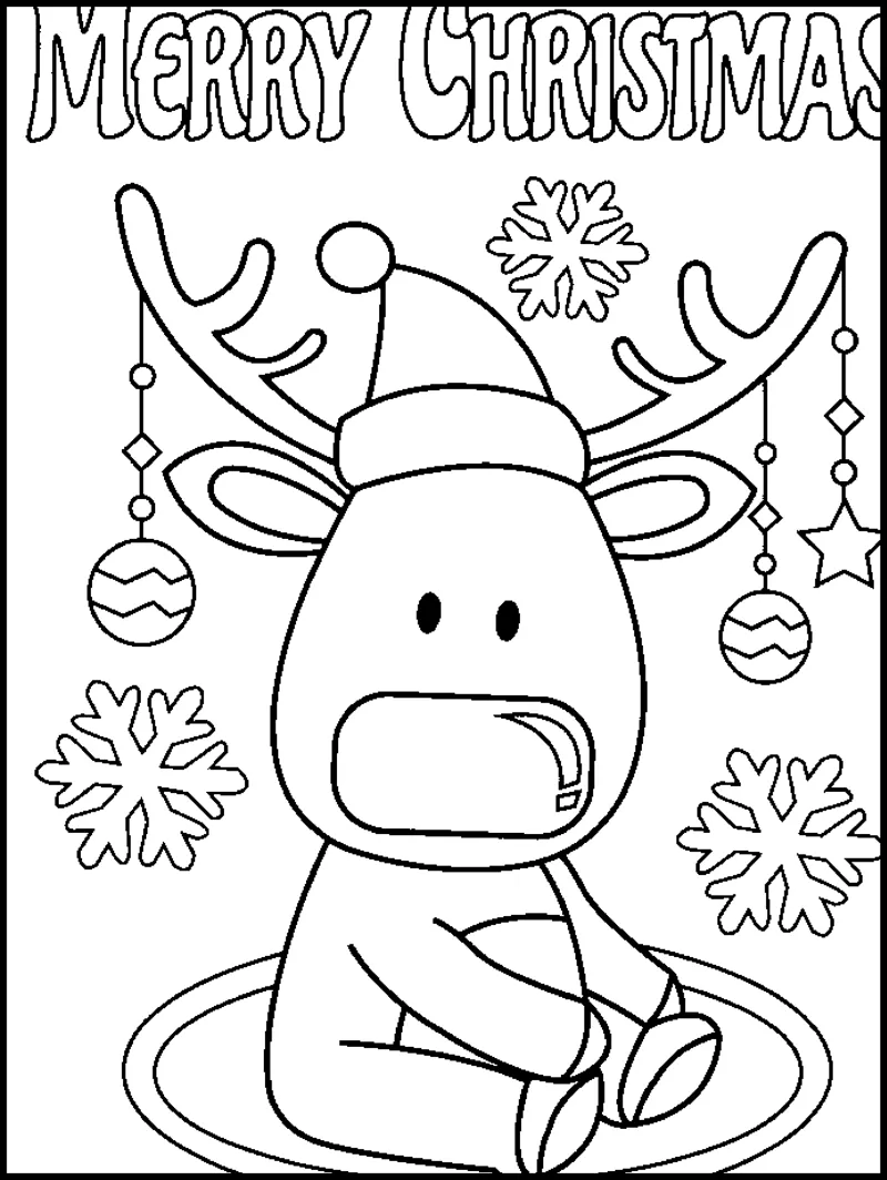 A sitting reindeer wears a Santa hat with baubles hanging from its antlers, under the words Merry Christmas.