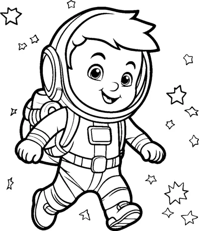 A boy in a spacesuit and helmet walks with stars scattered around him.