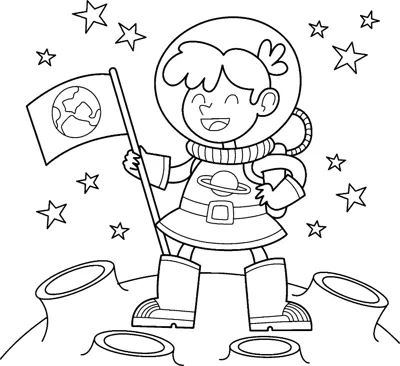 A child astronaut holds a flag on a cratered moon surface among stars.