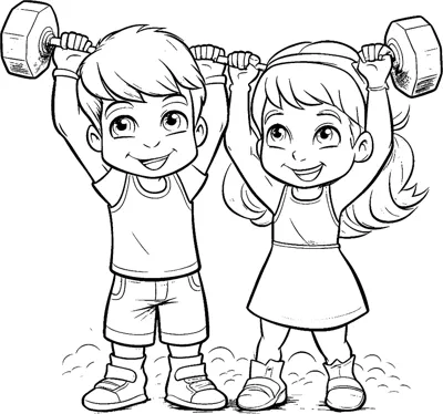 A boy and a girl each lift a dumbbell over their heads on the grass.