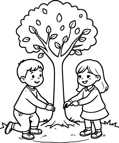 A boy kneels and a girl stands as they both tend a young leafy tree planted in a mound.