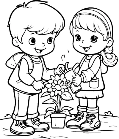 A boy and a girl stand on either side of a potted flower, the boy holding a watering can.