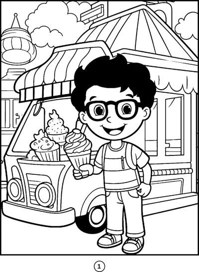 A boy in glasses stands in front of an ice cream truck holding a cone.