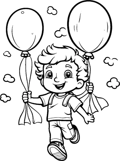 A boy with a cape kicks up his heels while holding two balloons.