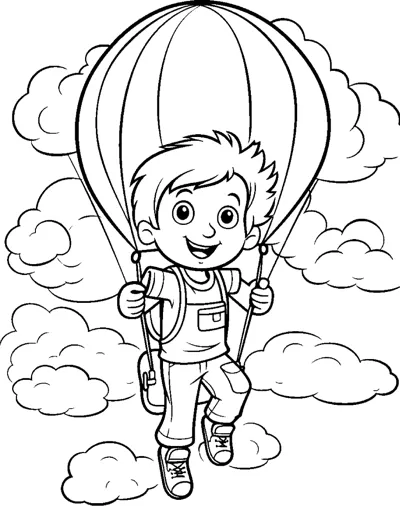A boy hangs from a parachute as he drifts down through fluffy clouds.