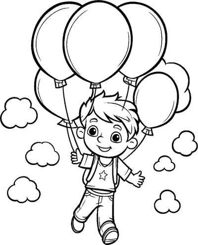 A boy drifts upward holding four big balloons among clouds.