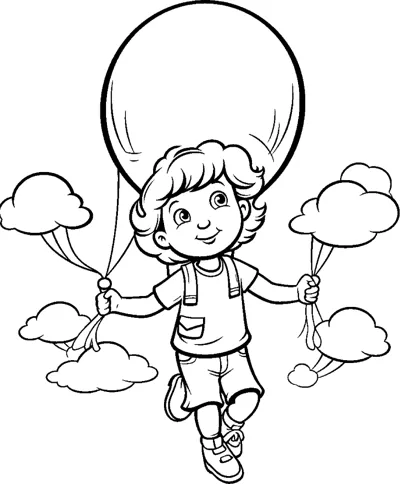 A curly-haired boy floats under one huge balloon surrounded by clouds.
