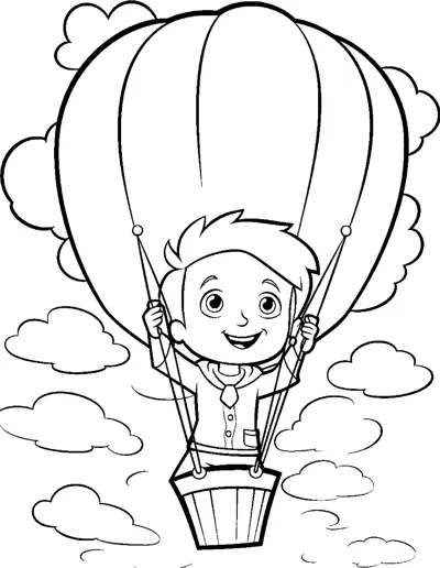 A boy hangs from the ropes of a large hot air balloon with clouds around.