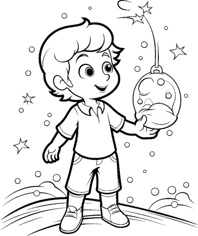 A boy on a hill holds a small fishbowl while stars and bubbles float around.