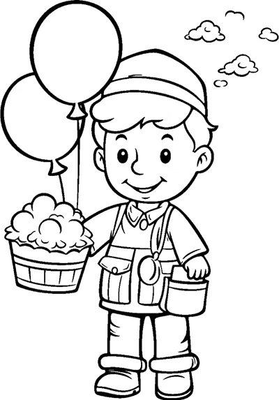 A boy in a cap holds two balloons and a basket of goodies with clouds behind.