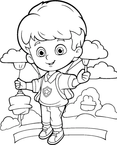 A boy with a backpack holds a treat on a stick in each hand under clouds.