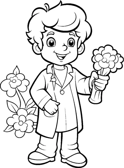 A boy in a long coat holds up a bunch of flowers with a larger bloom beside him.