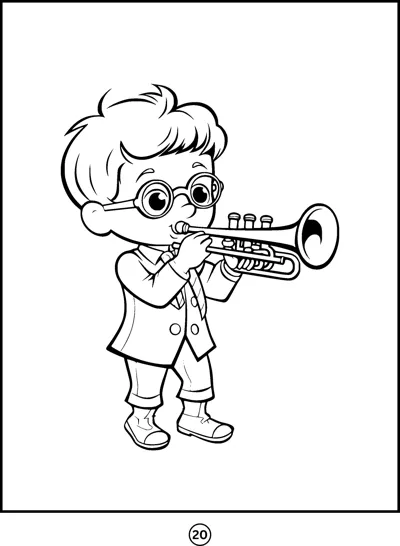 A boy with round glasses and a jacket plays a trumpet.