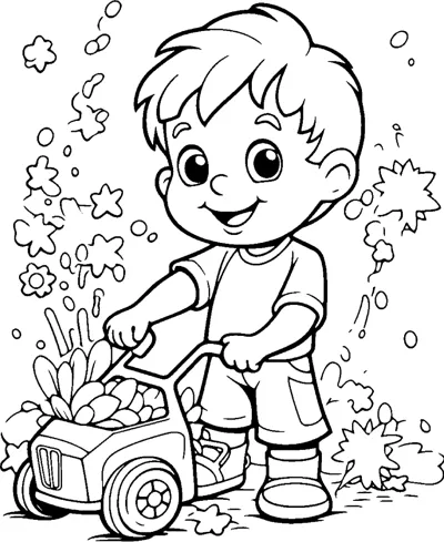 A boy pushes a small wheeled cart filled with flowers through a garden.