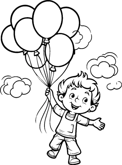 A boy holds a bunch of balloons overhead and reaches out his other arm among clouds.