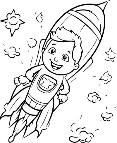 A smiling boy rides a rocket with a star badge past stars, clouds and planets.