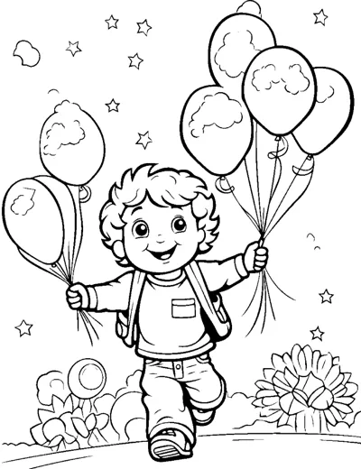 A boy runs holding bunches of patterned balloons in both hands under stars.