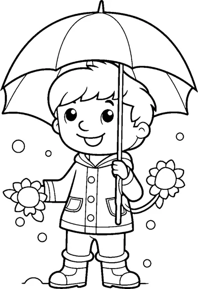 A boy in a raincoat holds an umbrella and a flower while raindrops fall.