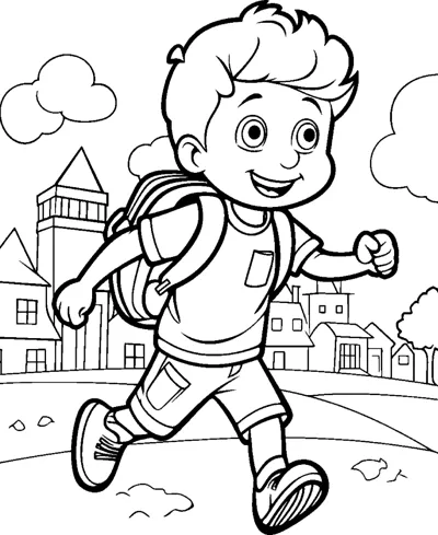 A boy wearing a backpack walks along a path with houses and clouds behind him.