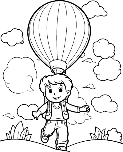 A small boy stands on grass with arms out as a striped hot air balloon floats above.