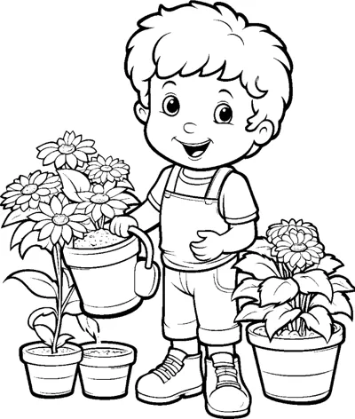 A boy holds a watering can between four flower pots full of blooms.