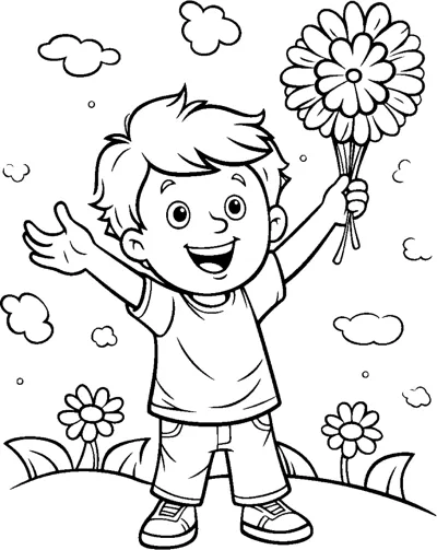 A boy waves one arm while holding flowers in a meadow with clouds above.