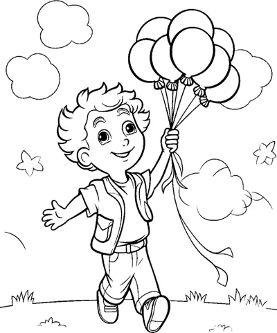 A boy stands on grass holding balloons in one hand and waving with the other.