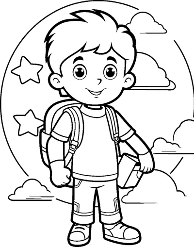 A boy wearing a backpack stands inside a round frame of stars and clouds.
