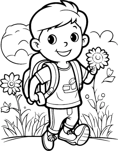 A boy with a backpack holds a flower among sunflowers and clouds.