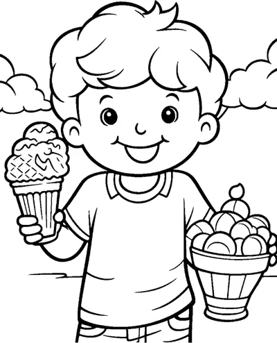 A boy holds an ice cream cone in one hand and a basket of fruit in the other.