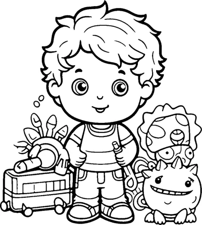 A boy stands between a toy truck and two small monster toys.