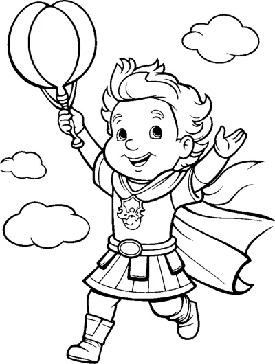 A boy in a cape and boots holds two balloons high among clouds.