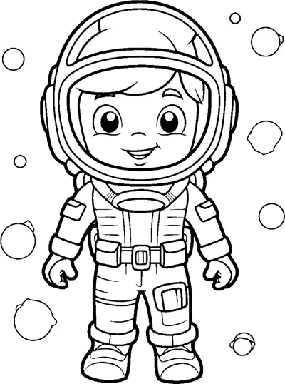 A smiling child in a full spacesuit and round helmet stands with bubbles floating around.