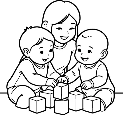 A smiling mother sits behind a toddler and a baby as they build with toy blocks on the floor.